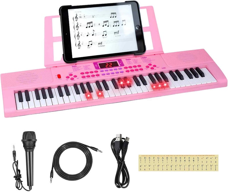 Pitowl Kids Keyboard Piano, 61 Light-up Key Electric Piano Musical Learning Toy for Beginners with Microphone, Music Stand, Notekey Sticker, Birthday Xmas Gift for 3-10 Years Old, Pink - Image 1